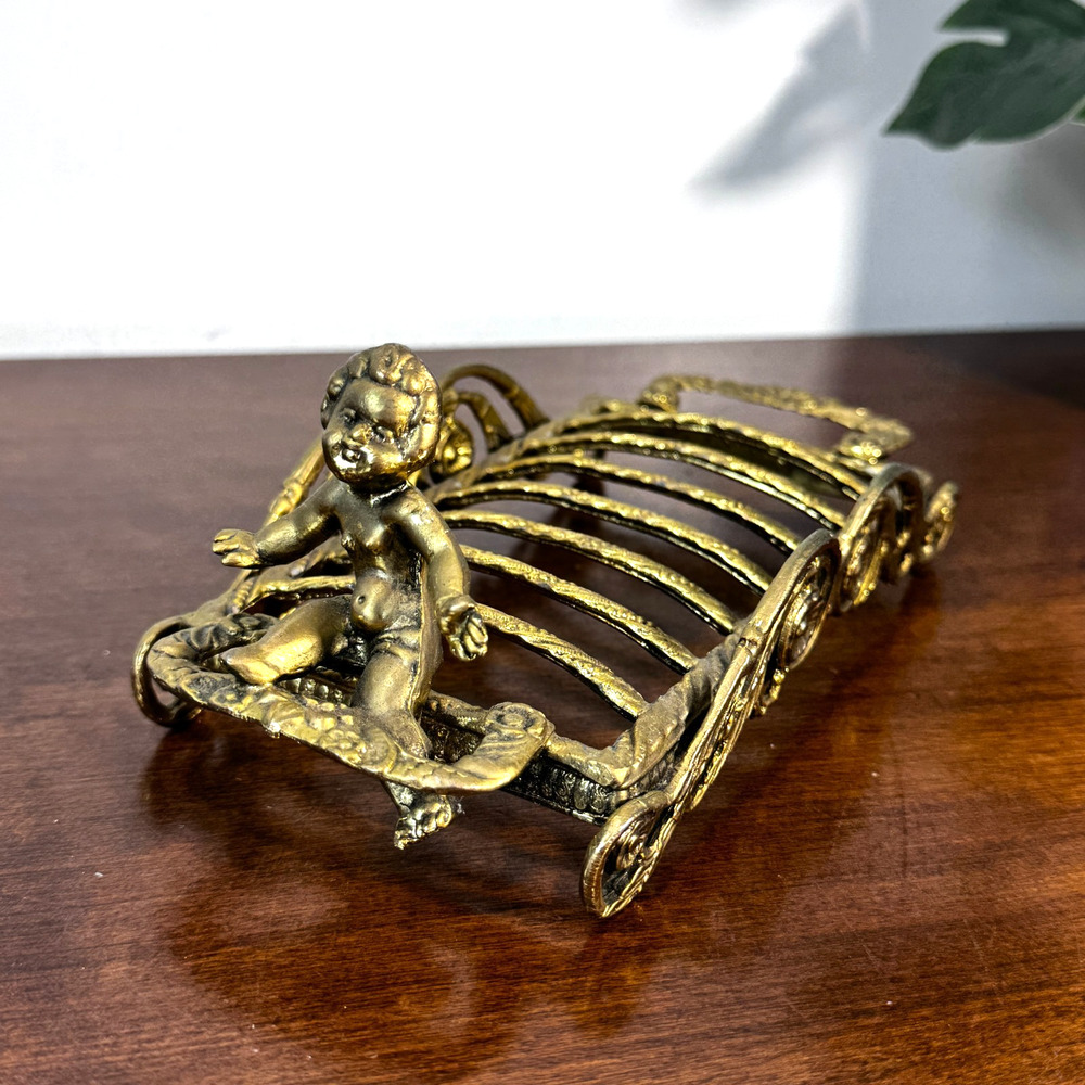 Vintage Hollywood Regency Ormolu French Soap Dish Brass Gold Cherub
